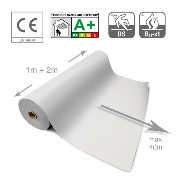 Rolle Renovierungsvlies mit CE Kennzeichen, A Plus Emissionsklasse, Rutschhemmung DS und Brandschutzklasse Bfl-s1
