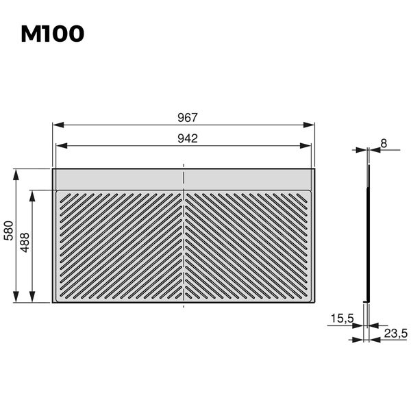 Technische Zeichnung mit Maßangaben für das Modell M100, Breite 967 Millimeter, Höhe 580 Millimeter.