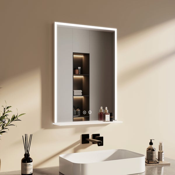 EMKE LED Badspiegel mit Ablage 70x50 cm, Kaltweiß, dimmbar, Touch-Schalter, Anti-Beschlag, mattierte Kanten, IP44, für Badezimmer geeignet