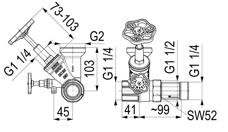 Technische Zeichnung eines Schrägsitzventils mit Entleerung, Nennweite 32, Maßangaben in Millimetern und Zoll.