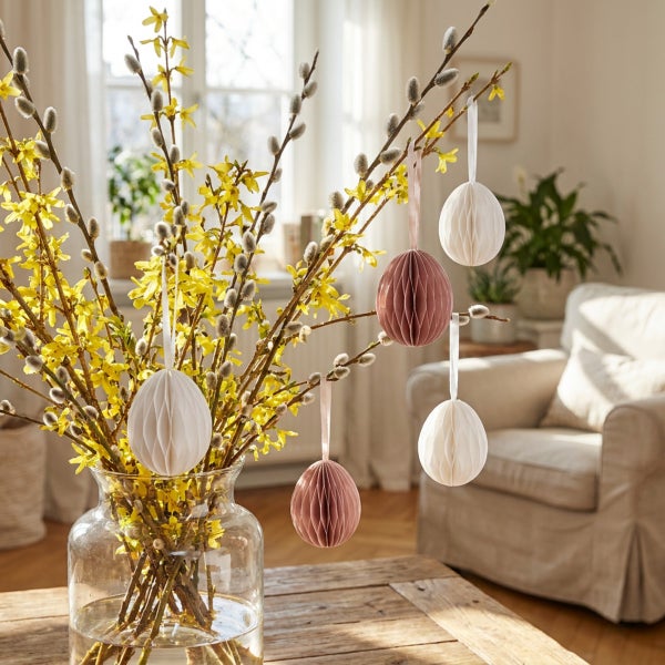 Osterdekoration mit Papierostereiern an Forsythienzweigen in einer Glasvase auf einem Holztisch in einem hellen Wohnzimmer
