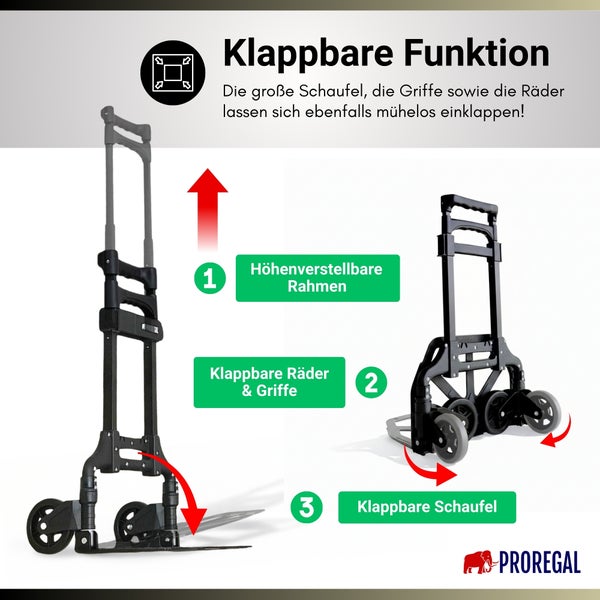 Klappbare ProRegal Sackkarre mit höhenverstellbarem Rahmen, einklappbaren Rädern, Griffen und Schaufel. ProRegal Logo.