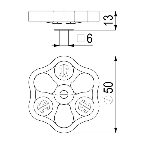 Technische Zeichnung eines Handrads mit einem Durchmesser von 50 Millimetern und einer quadratischen Aufnahme von 6 Millimetern.