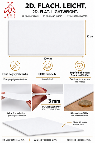 Infografik zeigt Polystyrolschaumplatte mit 100 mal 50 Zentimeter Maßen, feiner Textur, 3 Millimeter Dicke und Hinweisen zur Handhabung.
