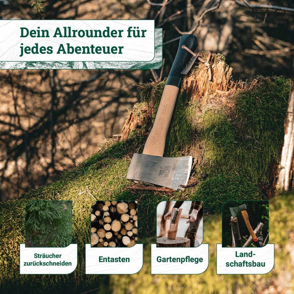 Eine Axt mit Holzstiel steckt in einem bemoosten Baumstumpf mit Anwendungsbeispielen wie Sträucher schneiden und Entasten für Gartenarbeiten.