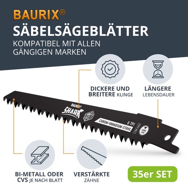 BAURIX® [LONG LIFE] Säbelsägeblätter, 35 Stück, Sägeblatt Säbelsäge für schnelle und saubere Schnitte, Säbelsägeblatt Set mit Tasche I Säbelsägeblätter für Holz, Frischholz und Metall