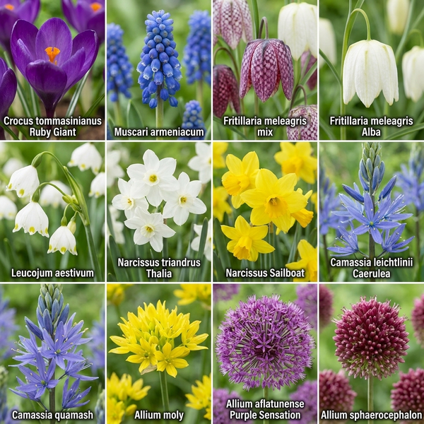 Übersicht verschiedener Blumenarten zur Gartenbepflanzung mit den jeweiligen Pflanzennamen als Beschriftung.