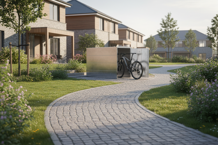 Fahrradbox aus Metall mit Fahrrad auf einem gepflasterten Weg in einer Wohngegend.