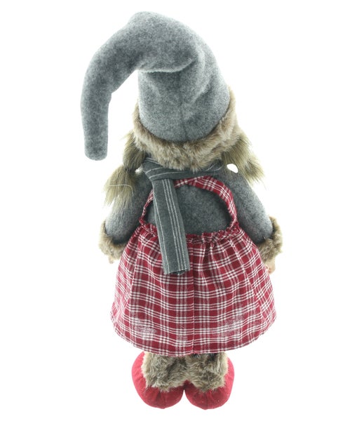 Dekorative Stoffpuppe mit kariertem Kleid, Zipfelmütze und Schal