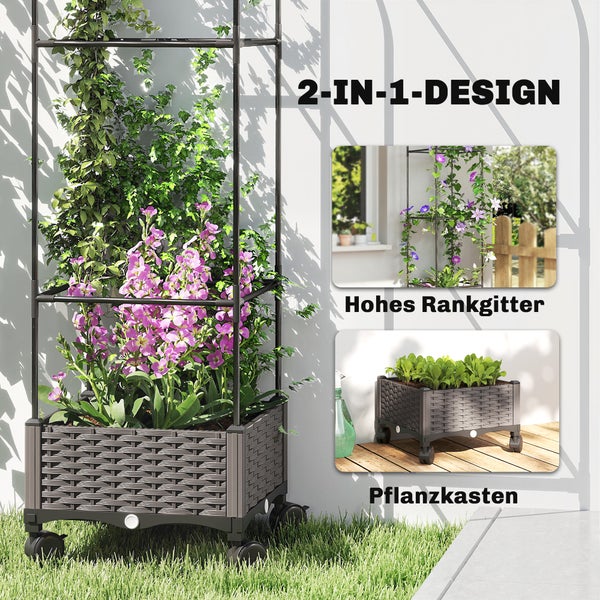 Mobiler Pflanzkasten mit hohem Rankgitter in Rattan-Optik, zwei in eins Design für Kletterpflanzen und Blumen im Außenbereich.