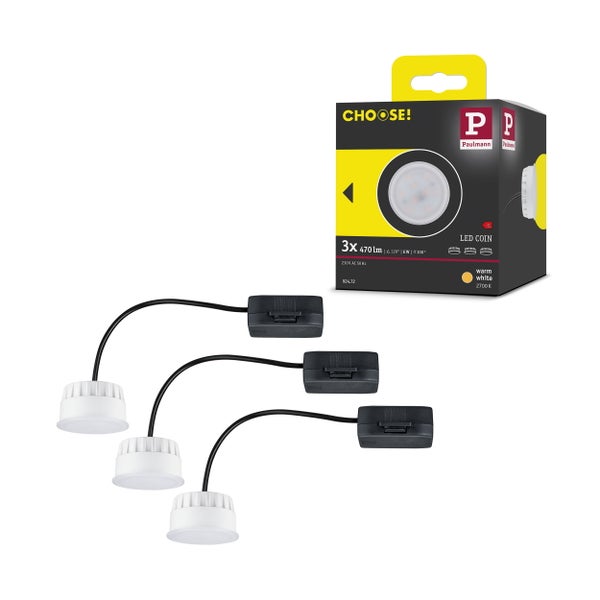 Set von 3 LED Einbaustrahlen mit technischer Zeichnung und Maßen sowie 5 Jahren Garantie