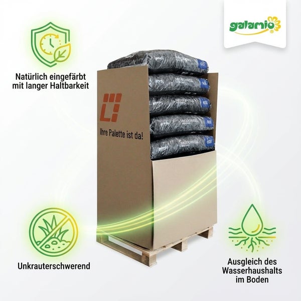 Galamio Logo. Mulchsäcke auf einer Holzpalette. Natürlich eingefärbt, langlebig, unkrauthemmend und reguliert den Bodenwasserhaushalt.