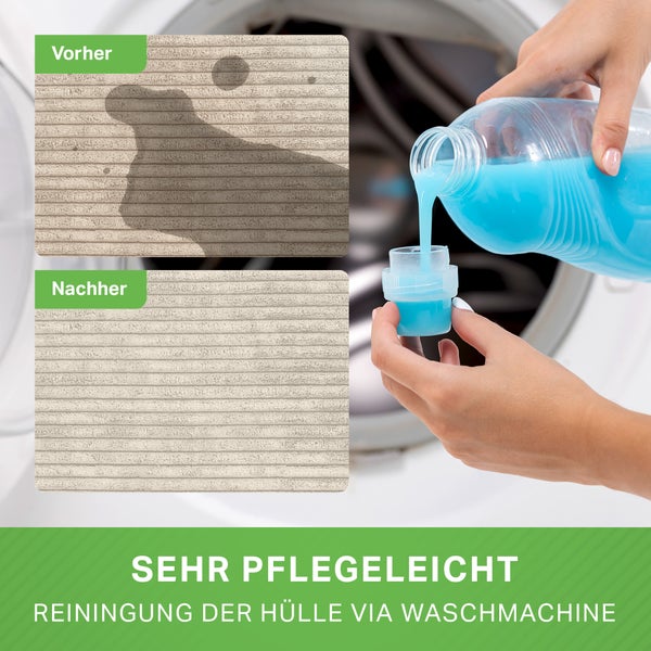 Vorher-nachher-Darstellung einer gereinigten Matratzenauflage mit Waschmittel