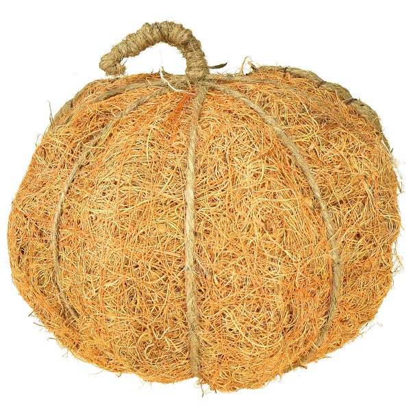 Dekokürbis aus Kokosfaser mit Juteseil umwickelt als herbstliche Dekoration