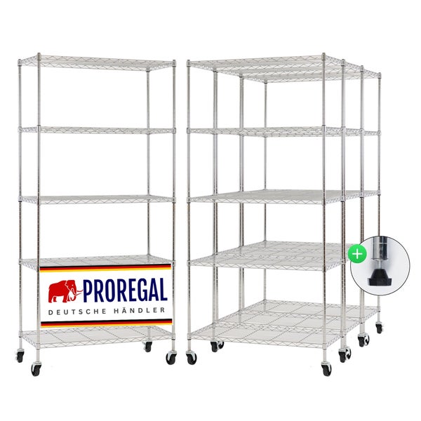 Proregal Metallregal mit fünf Gitterböden, Rollen und verstellbaren Standfüßen. Proregal Logo.