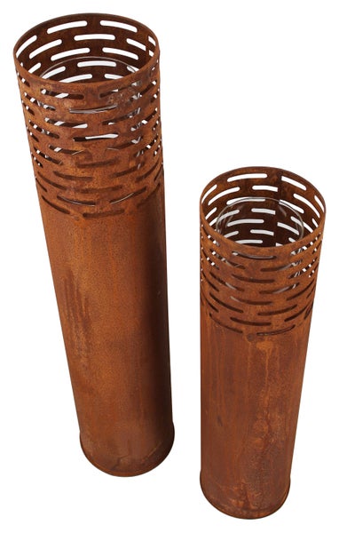 FRANK FLECHTWAREN | Windlicht Rost-Säule, 2er Set, METALL, Ø 19 x 75 cm, Ø 21 x 95 cm, Glas Ø 13 x 14 cm, Ø 15 x 17 cm