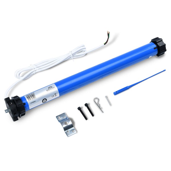 SolRoyal Rollladenmotor mit Anschlusskabel, Einstellwerkzeug, Wandlager aus Metall, Schrauben und Splinten.