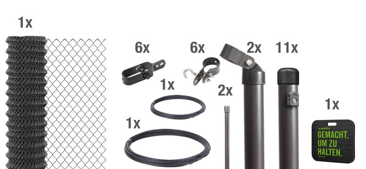 Maschendrahtzaun Set mit Zaunrolle, Pfosten, Spanndraht, Bindedraht und Befestigungsmaterial zur Montage von Alberts.