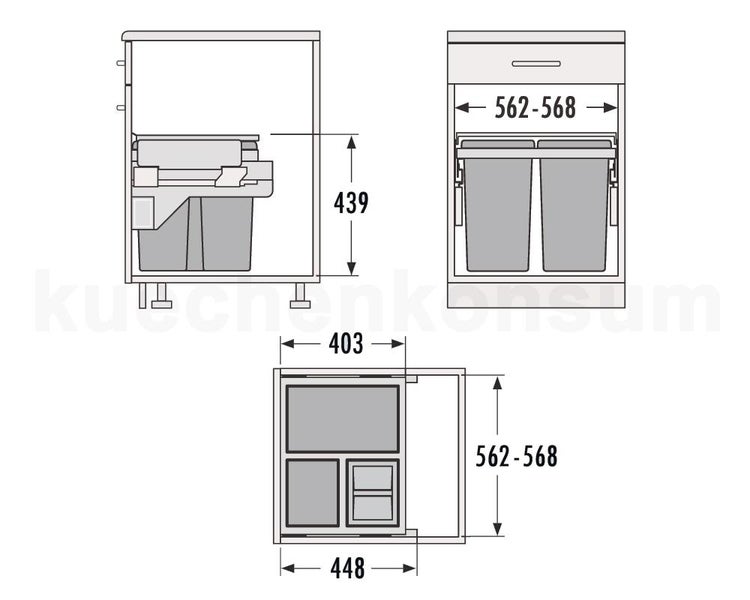 Maßzeichnung eines Mülltrennsystems für Küchenunterschränke mit Angaben zu Höhe, Breite und Tiefe.