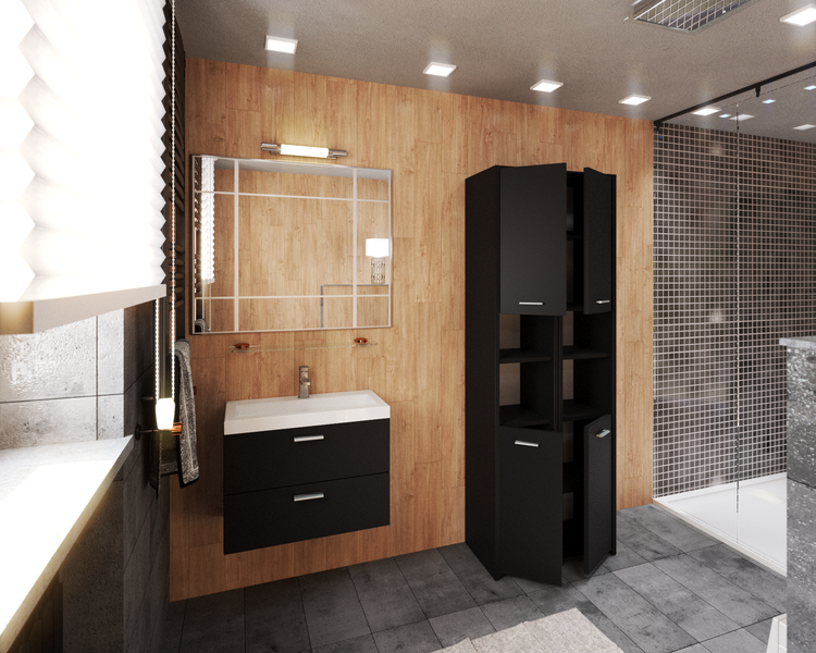 Badezimmer mit Waschtisch, Spiegel, Hochschrank und Dusche