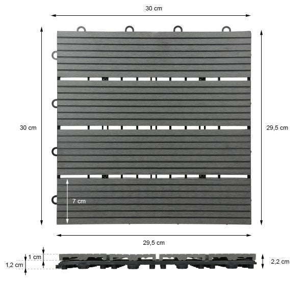 WPC-Klickfliese für Terrasse oder Balkon mit Maßangaben: 30 mal 30 Zentimeter, Gesamthöhe 2,2 Zentimeter.