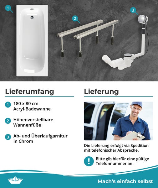 Set aus Acryl-Badewanne 180 mal 80 Zentimeter, höhenverstellbaren Wannenfüßen und Ab- und Überlaufgarnitur in Chrom. Lieferung per Spedition.