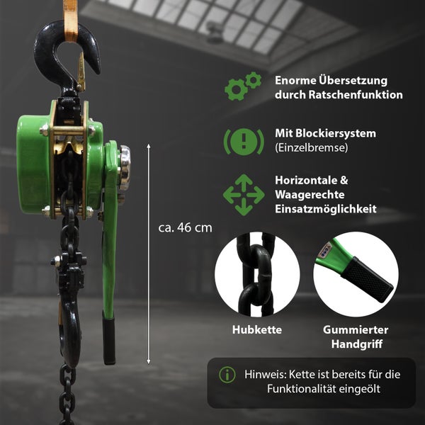 Ein Hebelzug mit Hubkette und gummiertem Handgriff zeigt technische Merkmale wie Ratschenfunktion, Blockiersystem und horizontale Einsetzbarkeit.