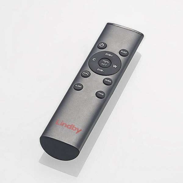 Fernbedienung für Leuchten aus dunkelgrauem Kunststoff mit Tasten für Dimmfunktion, Farbtemperatur und Farbwechselmodi, Lindby Logo.