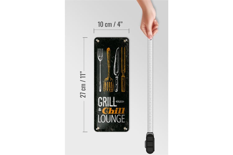 Blechschild Spruch Grill & Chill Lounge Grillen Dekoration 10x27cm