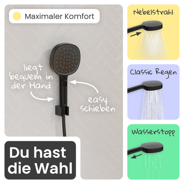 Handbrause schwarz mit Schiebeschalter für drei Strahlarten: Nebelstrahl, klassischer Regenstrahl und Wasserstoppfunktion.