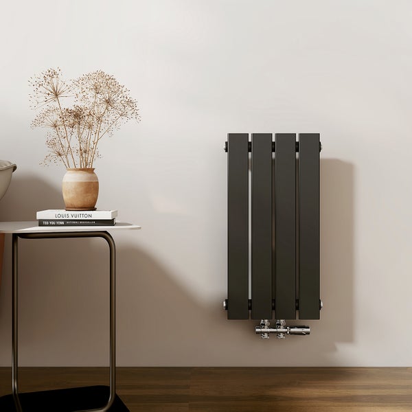 EMKE Heizkörper Flach Designheizkörper, Paneelheizkörper, Vertikal, Einlagig, Mittelanschluss, 600x 300 mm, 233W,  Schwarz
