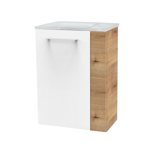 Fackelmann MILANO Gäste-WC Set 2 Teile – Waschtischunterschrank in Weiß mit Holz Braun mit Waschbecken aus Glas in Weiß – SBC Waschbeckenunterschrank schmal – Türanschlag links – 45 cm breit