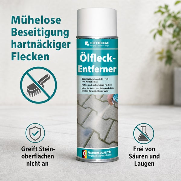 Hotrega Ölfleckentferner Spray zur mühelosen Beseitigung von Öl Fett und Wachsflecken auf Steinplatten inklusive Siegel für Materialverträglichkeit