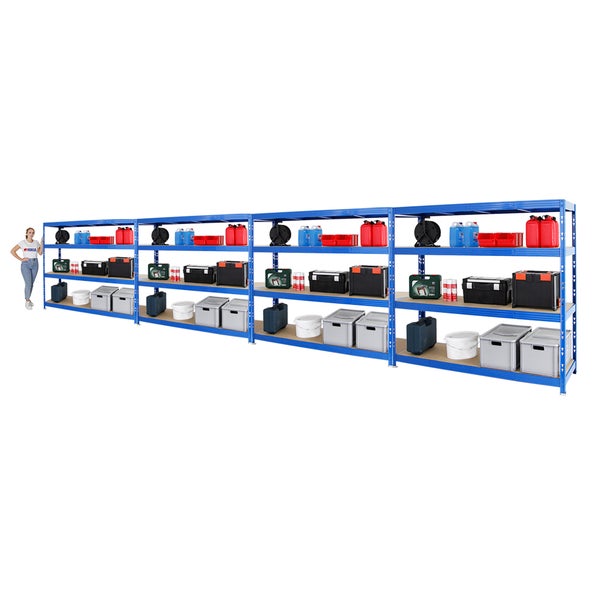 PROREGAL Mega Deal 4x Profi Schwerlastregal Rhino HxBxT 180 x 200 x 60 cm 4 Spanplatten-Ebenen 16mm Fachlast 500 kg Blau
