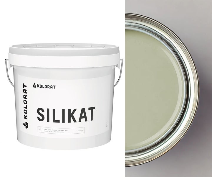 Eimer Kolorat Silikat Wandfarbe für innen mit geöffnetem Deckel für den direkten Blick auf die Farbnuance