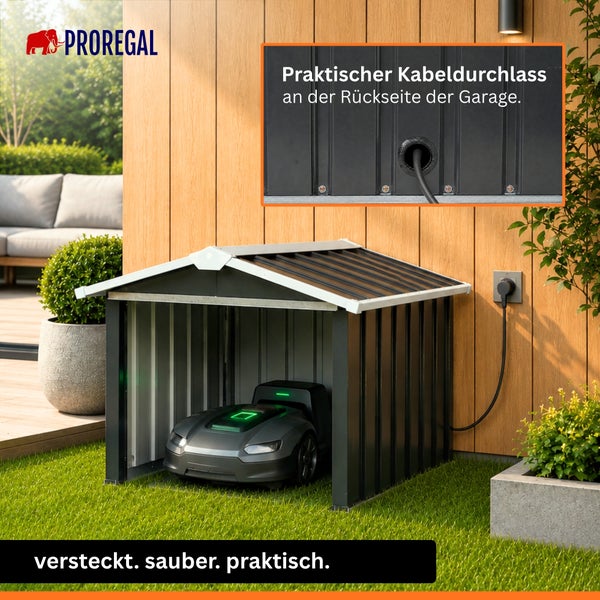 ProRegal Mähroboter-Garage aus Metall in modernem Design mit Mähroboter, Kabeldurchlass an der Rückseite und Anschluss an eine Außensteckdose.