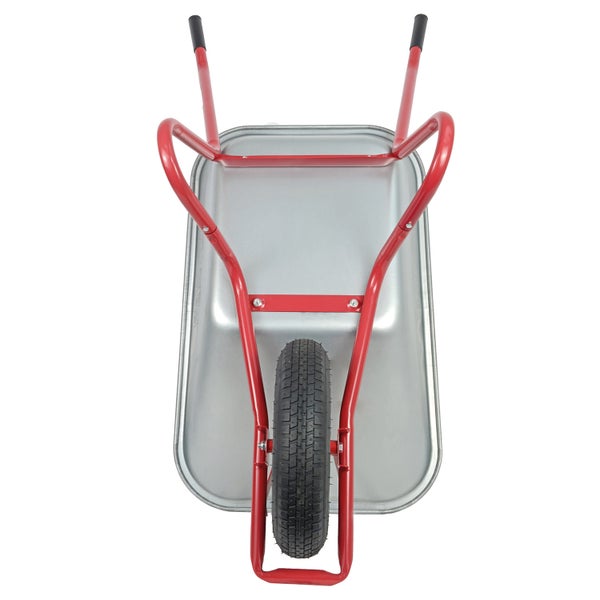 Schubkarre mit Stahlwanne und rotem Gestell