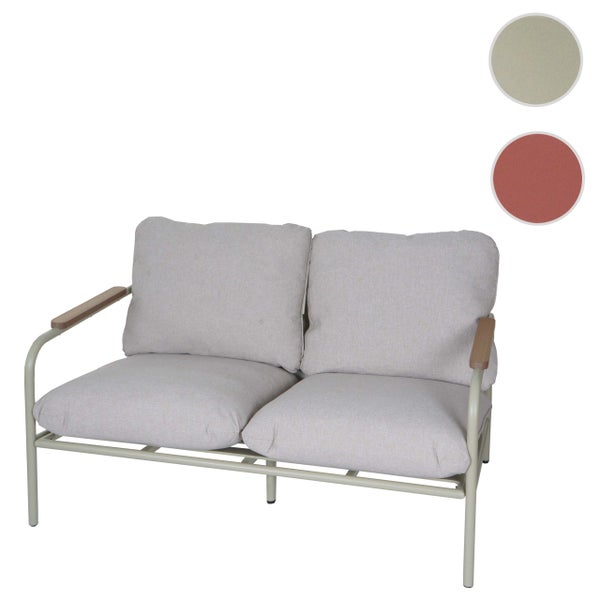 2-Sitzer Gartensofa mit Metallgestell, Holzarmlehnen und Polstern sowie Farbauswahl.