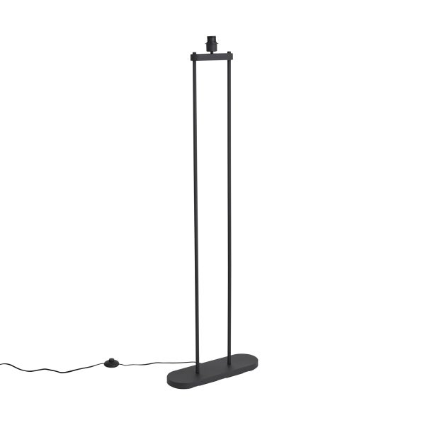 Stehlampenfuß aus Metall in Schwarz mit zwei Stäben, ovalem Sockel und Fußschalter.