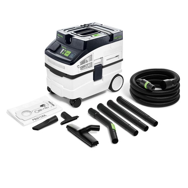 Festool Absaugmobil Cleantec mit Saugschlauch, Verlängerungsrohren, Düsen und Filtersack.