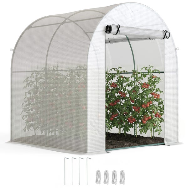 Folientunnel für Tomaten mit Gitterfolie, Erdspießen und Schnüren.