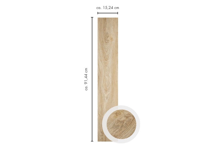 Vinylboden Diele mit Holzoptik Maße circa 91,44 Zentimeter mal 15,24 Zentimeter mit Detailansicht der Oberflächenstruktur