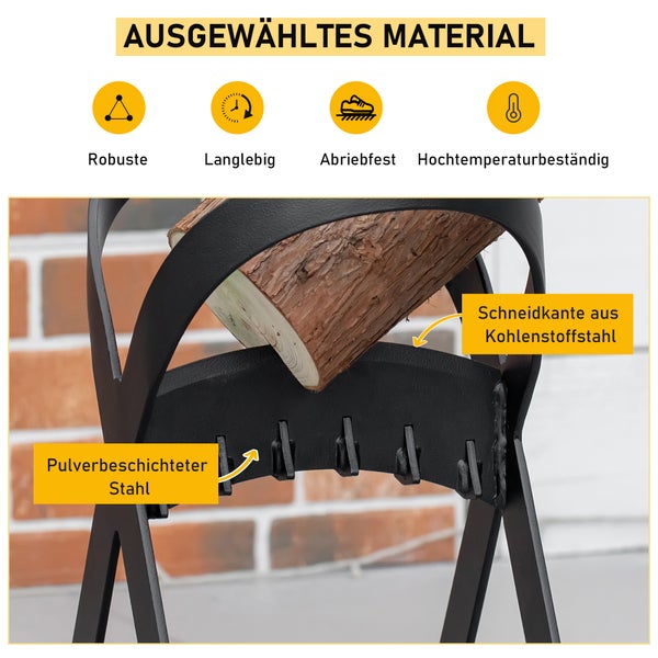 Holzspalter aus pulverbeschichtetem Stahl mit Schneidekante aus Kohlenstoffstahl; robust, langlebig, abriebfest und hochtemperaturbeständig.