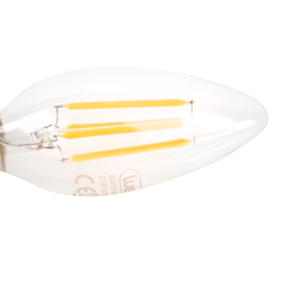 LED-Filament-Leuchtmittel in Kerzenform aus klarem Glas mit Luena Logo und CE Kennzeichnung.