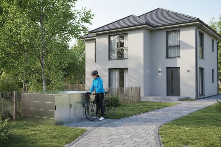 Fahrradbox aus Metall vor einem Wohnhaus mit einer Frau und einem Fahrrad