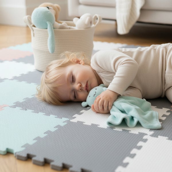 Schlafendes Kleinkind auf einer Puzzlematte aus Schaumstoff mit ineinandergreifenden Teilen in einem hellen Zimmer.