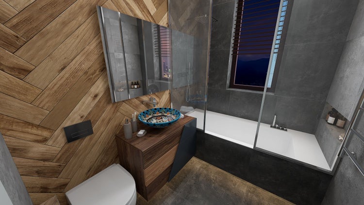 Badezimmer mit Waschbecken, Spiegel, Badewanne und Holzwand