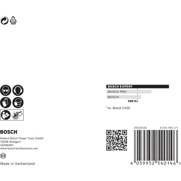 Papierverpackungssymbol, Augenschutzsymbol, Gehörschutzsymbol, Handschutzsymbol, Atemschutzsymbol, Bedienungshinweissymbol, Bosch Logo, Barcode, QR-Code