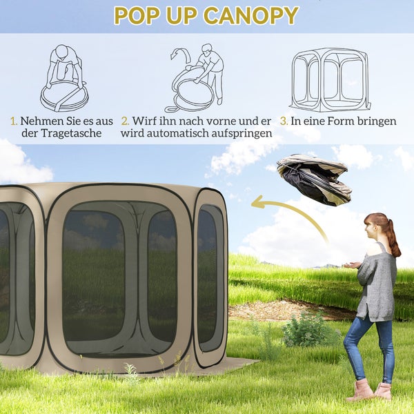 Outsunny Pop-up-Campingzelt Screen Tent klappbar Raumzelt mit Tragetasche, Mesh-Tür, Familienzelt Pavillon für 6 Personen, Camping, Garten, Terrasse, 340 x 300 x 220 cm, Khaki