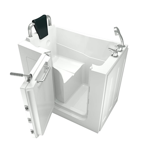 Begehbare Badewanne mit geöffneter Tür, Sitzfläche und Armatur